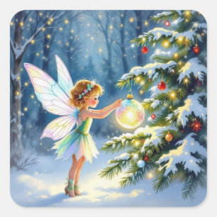 Sticker Carré Petite Fée Décorant les Arbres de Noël