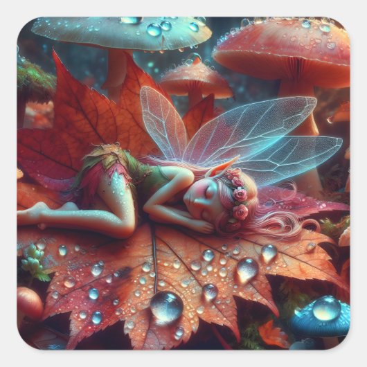 Sticker Carré Petite fée Whimsical dormant sur une feuille (Devant)