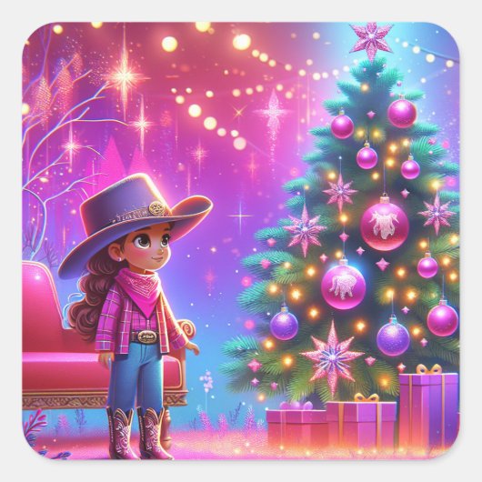 Sticker Carré Petite Femme Devant Les Arbres Noël (Devant)