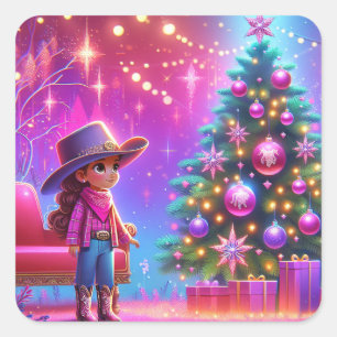 Sticker Carré Petite Femme Devant Les Arbres Noël