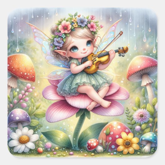 Sticker Carré Petite fille Anime avec Violon sur Champignons (Devant)
