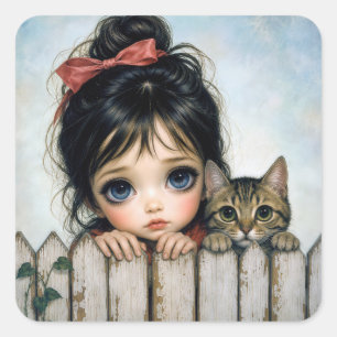 Sticker Carré Petite Fille aux Grands Yeux et Chat de Compagnie