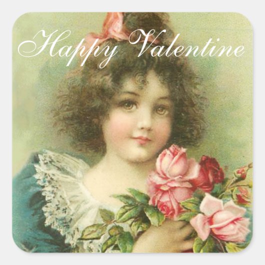 Sticker Carré Petite fille aux roses roses roses Saint Valentin (Devant)