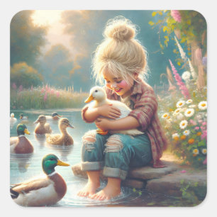 Sticker Carré Petite fille avec canards