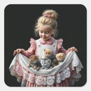 Sticker Carré Petite Fille Avec Chatons Dans Son Tablier