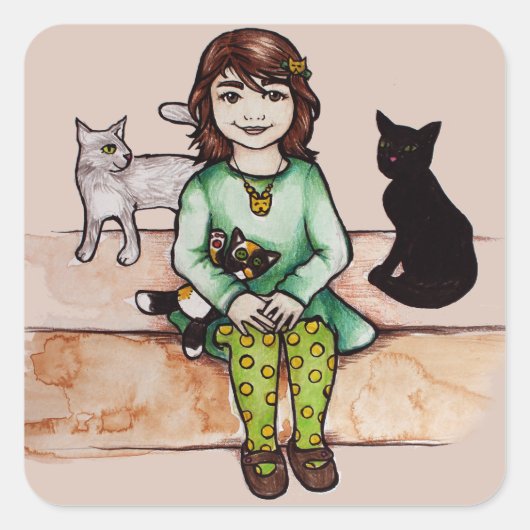 Sticker Carré Petite fille avec chats (Devant)