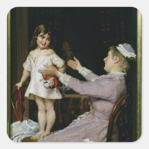 Sticker Carré Petite fille avec une poupée et son infirmière,