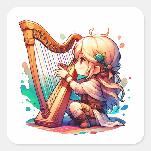 Sticker Carré Petite fille Chibi Jouant de la harpe (Devant)