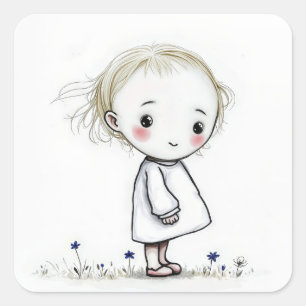 Sticker Carré Petite Fille En Croquis Fleur sauvage