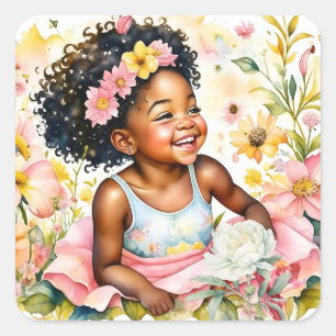 Sticker Carré Petite fille en fleurs roses Anniversaire personna