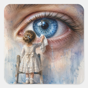 Sticker Carré Petite Fille Essuyant une Larme