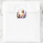 Sticker Carré Petite fille et chaton | Baby shower aquarelle (Sac)