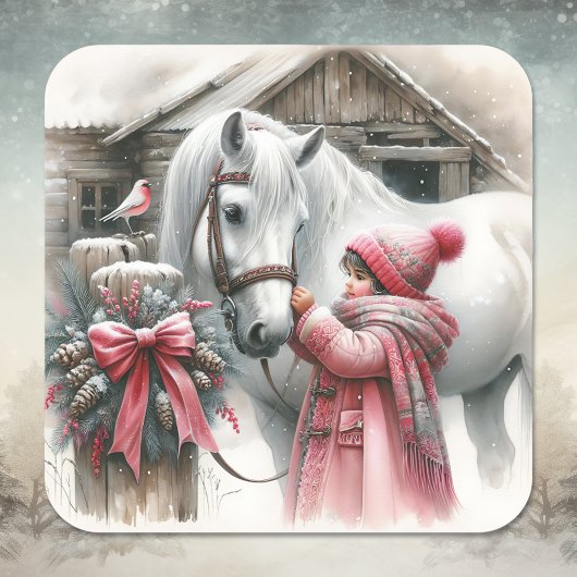 Sticker Carré Petite fille et son cheval Noël festif