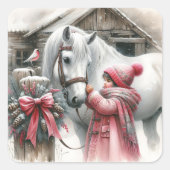 Sticker Carré Petite fille et son cheval Noël festif (Devant)