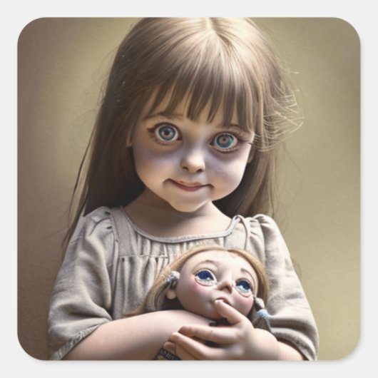 Sticker Carré Petite fille mignonne aux grands yeux et poupée Dé (Devant)