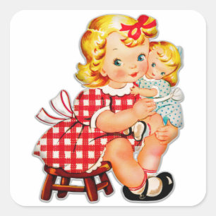 Sticker Carré Petite fille rétro vintage poupée enfant