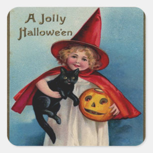 Sticker Carré Petite fille sorcière avec son chat noir