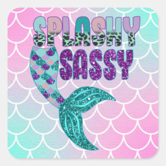 Sticker Carré Petite fille Splashy rose violet vert de sirène Qu