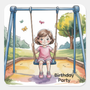Sticker Carré Petite fille sur une neige fête de 4e anniversaire