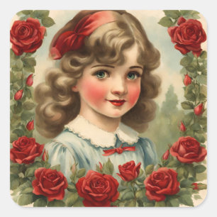 Sticker Carré Petite fille vintage avec des roses