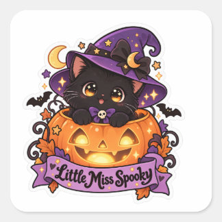 Sticker Carré Petite Mademoiselle Minou Noir Spooky et Citrouill
