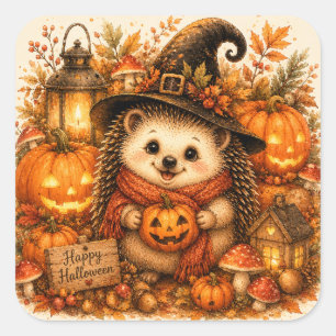 Sticker Carré Petite Sorcière Hérisson Joyeux Halloween Citrouil