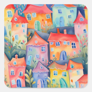 Sticker Carré Petites maisons pastel de couleur douce, couleur p