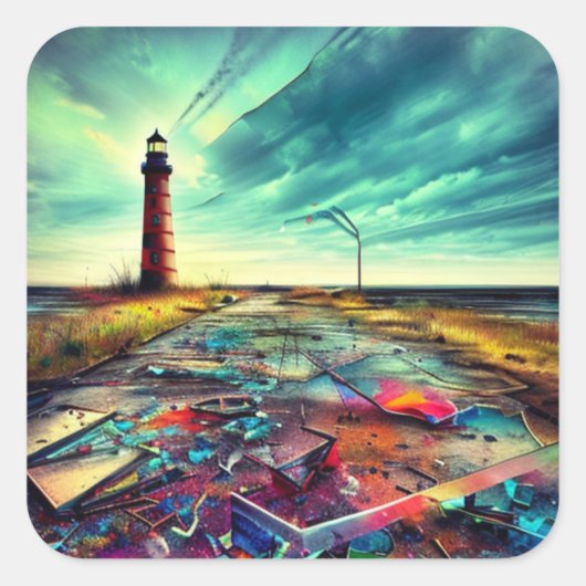 Sticker Carré Phare délimité sur une plage abandonnée (Devant)