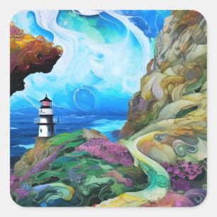 Sticker Carré phare face à la mer