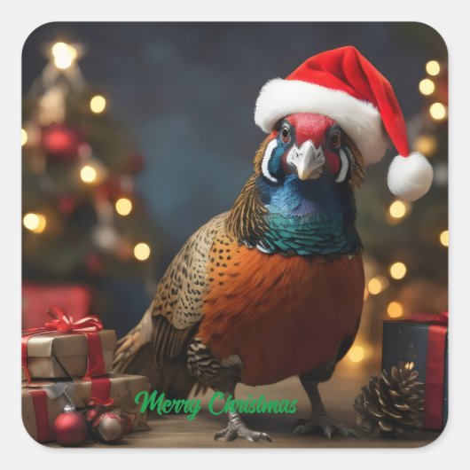 Sticker Carré Pheasant portant chapeau santa (Devant)