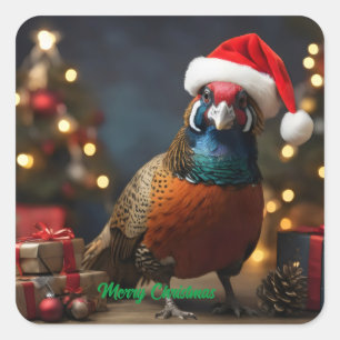 Sticker Carré Pheasant portant chapeau santa