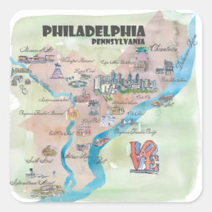 Sticker Carré Philadelphie Pennsylvanie Retro Art Vintage Carte