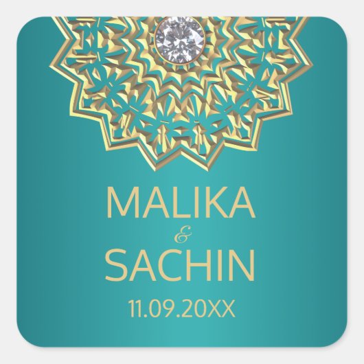 Sticker Carré Phoques de Mariage d'or TURQUOISE indien Mandala (Devant)