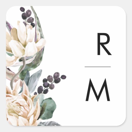 Sticker Carré Phoques d'enveloppe de monogramme floral blanc (Devant)