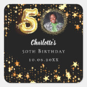 Sticker Carré photo 50e anniversaire noir étoiles dorées (Devant)