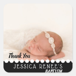 Sticker Carré Photo Baby Baptism Merci Favor   Blanc noir