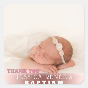 Sticker Carré Photo Baby Baptism Merci Favor   Or Rose
