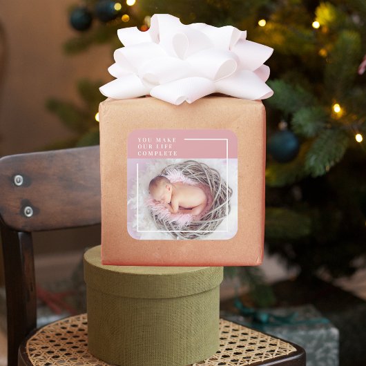 Sticker Carré Photo bébé mignonne moderne | Rose et blanc | Devi