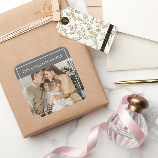 Sticker Carré Photo de famille personnalisée | Nom de famille pe (Cadeaux)