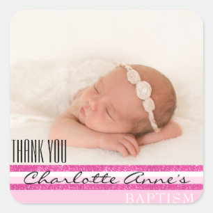 Sticker Carré Photo de fille Baptême Merci Favor   Bandes roses