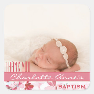 Sticker Carré Photo de fille Baptême Merci Favor Floral rose