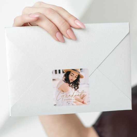 Sticker Carré Photo de graduation du script d'or moderne