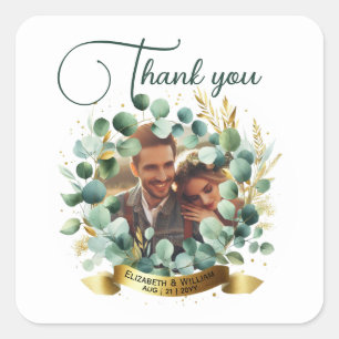 Sticker Carré PHOTO Mariage Merci Eucalyptus Feuille Cadeau