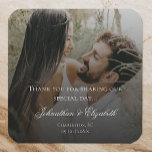Sticker Carré Photo moderne avec Black Overlay Wedding Favor<br><div class="desc">Ajoutez une touche de finition personnalisée à vos faveurs avec cette Photo moderne avec Sticker Black Overlay Wedding Favor, avec une photo de couple préférée avec un habillage noir doux pour un look propre et moderne. Conçu avec un script élégant, une typographie moderne et nette, et une mise en page...</div>