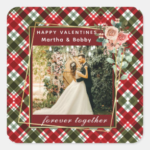 Sticker Carré Photo moderne   Red & Green Plaid Happy Valentines