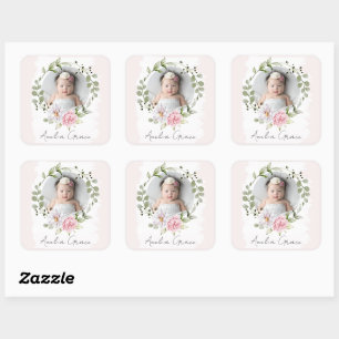 Sticker Carré Photo Personnalisée Joli Blush Floral Baby Girl