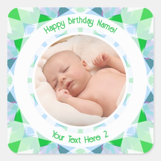 Sticker Carré Photo personnalisée Nom Age bleu vert Anniversaire (Devant)