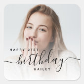 Sticker Carré Photo personnalisée Script noir 21e anniversaire (Devant)