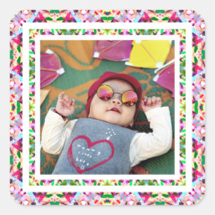 Sticker Carré Photo personnalisée Vibrant rose Happy Green Fête