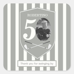 Sticker Carré Photo Vintage Golfeur Gris Blanc 50e Anniversaire